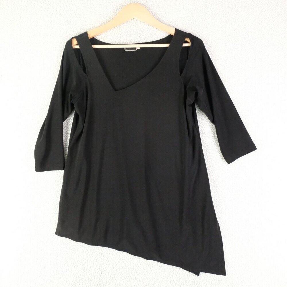 Simply Top Womens 8 Black Asymmetrical V Neck Flowy Stretch 3/4 Sleeve Lagenlook